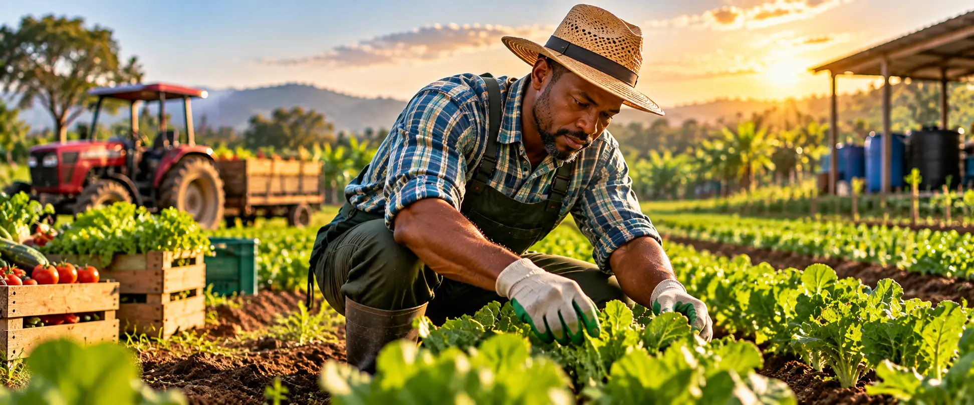 A farmer tending crops at sunset